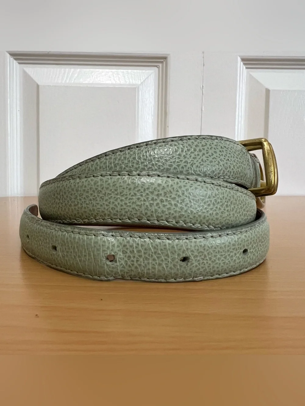 Coach Women’s Light Green Slim Leather Belt Solid Brass Buckle Italy Size Medium